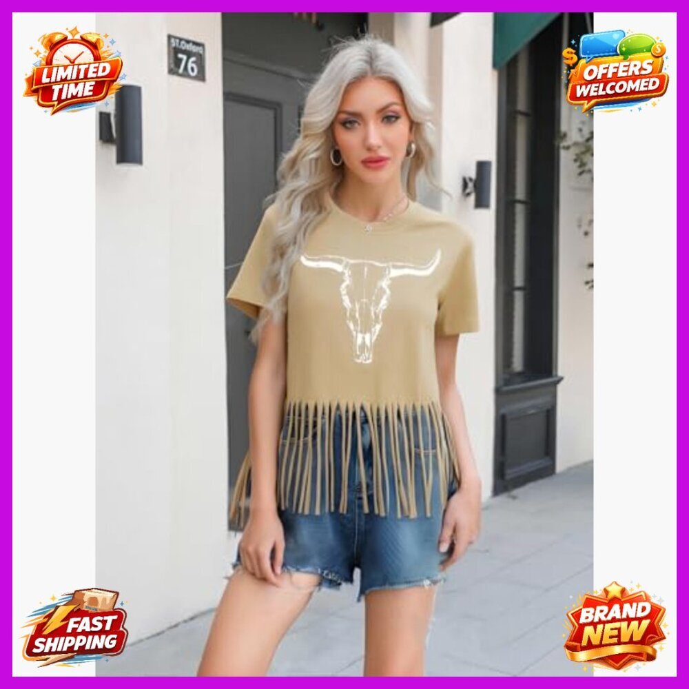 Vintage Western Graphic Tee Short Sleeve Boho Cow Skull Top Women's T-Shirt - Picture 3 of 7